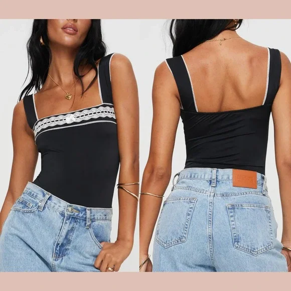 NWD $49‎ Princess Polly [ 4 US ] Square Neck Lace Keating Bodysuit Black #6996 - Picture 2 of 13